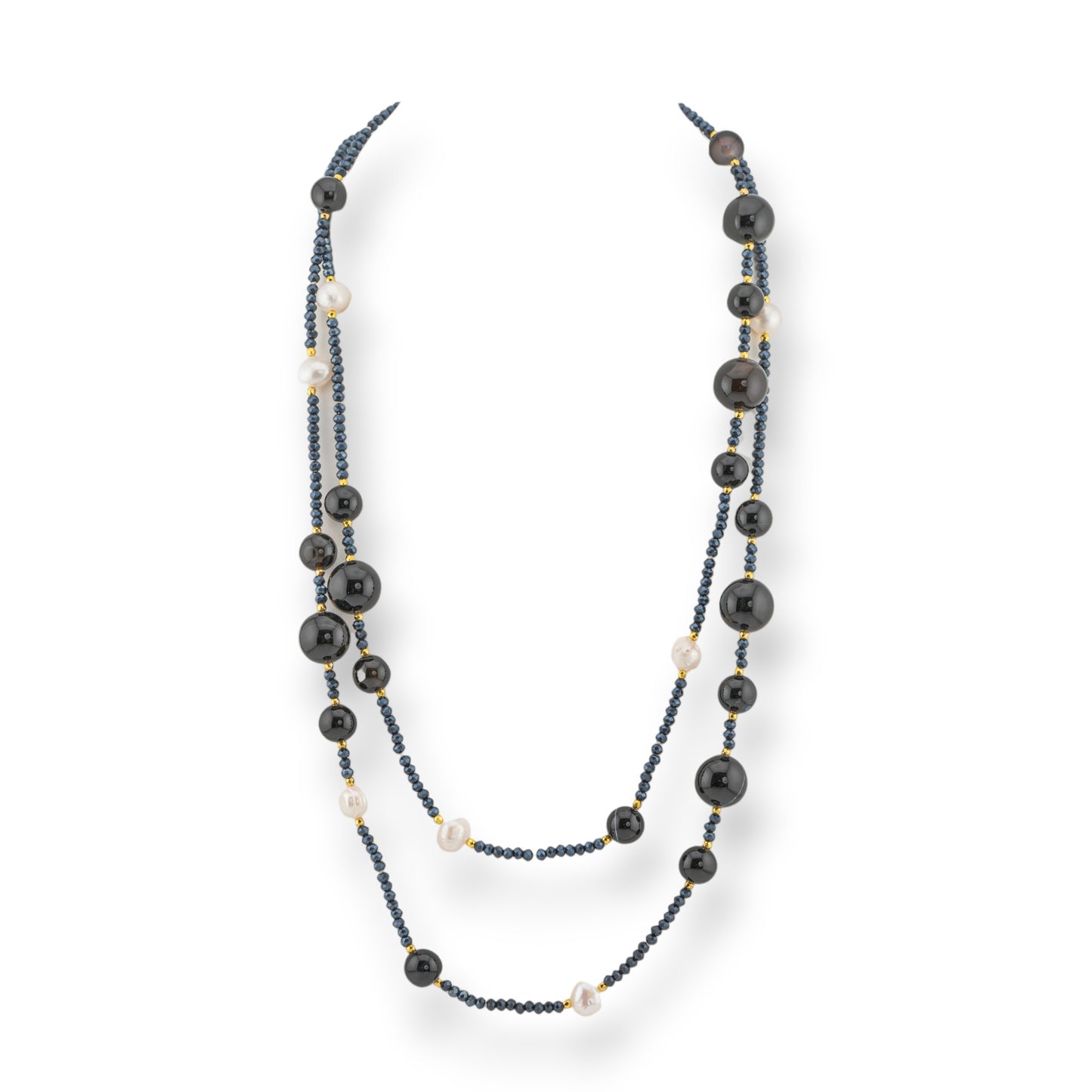 Charlestone Bijoux Necklace Of Hard Stones River Pearls And Crystals 120cm With Onyx Clasp