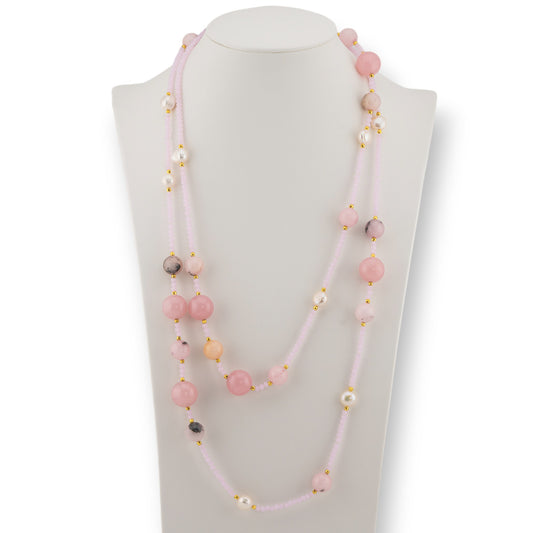 Charlestone Bijoux Necklace Of Hard Stones River Pearls And Crystals 120cm With Pink Opal Clasp