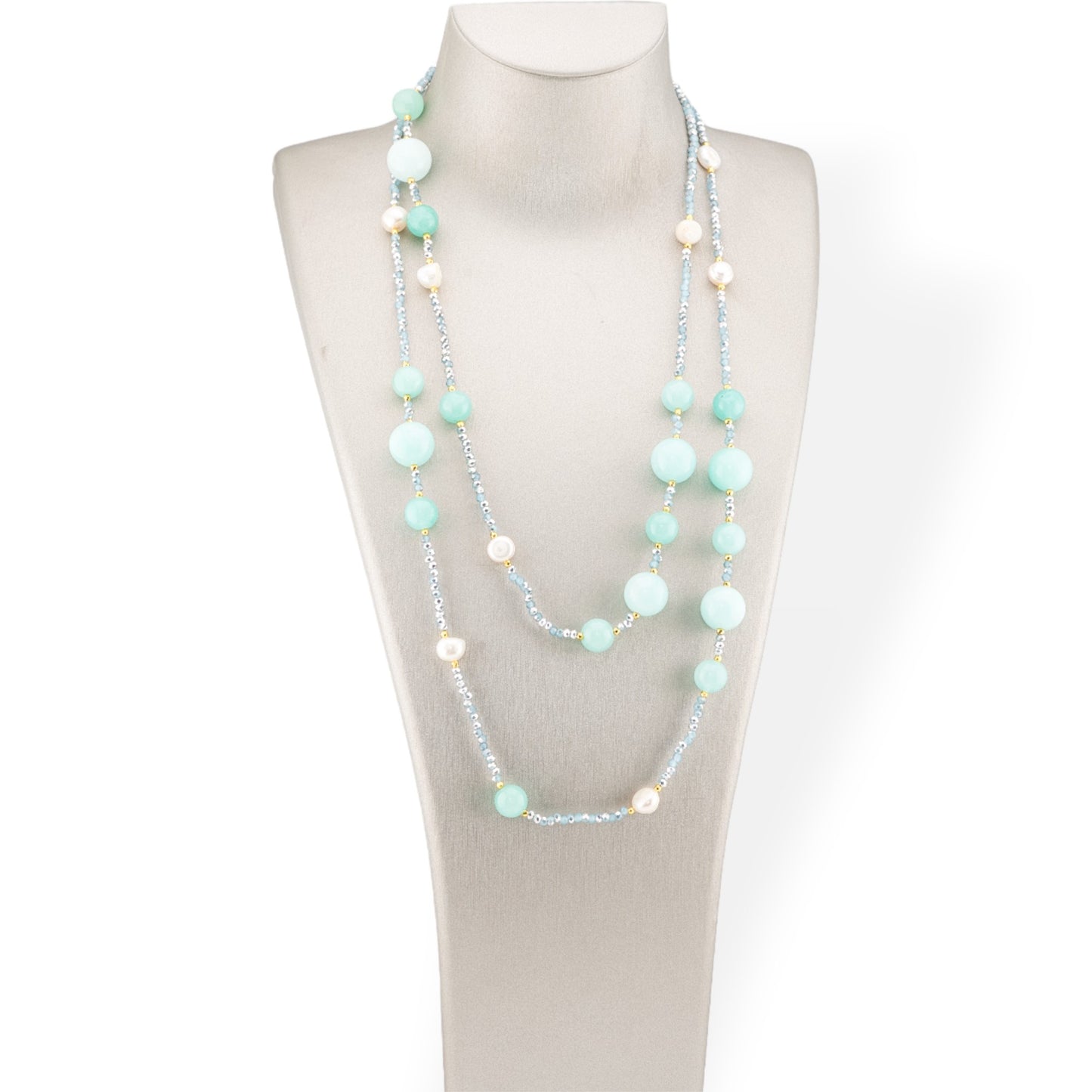 Charlestone Bijoux Necklace Of Hard Stones River Pearls And Crystals 120cm With Light Green Clasp