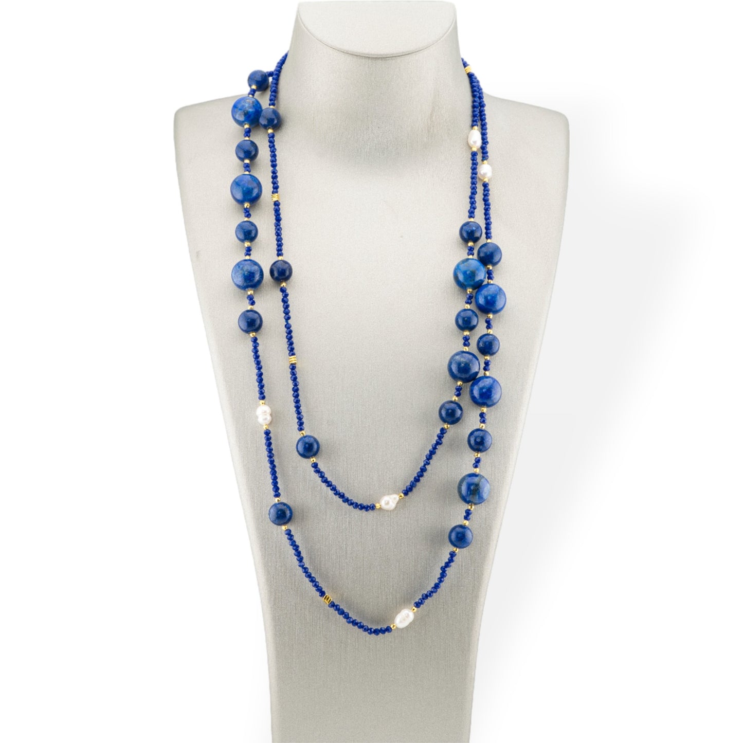 Bijoux Charleston Necklace of Semi-precious Stones, River Pearls and Crystals 160cm Blue Agate