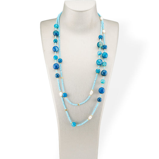 Bijoux Charleston Necklace of Semi-precious Stones, River Pearls and Crystals 160cm Blue Agate