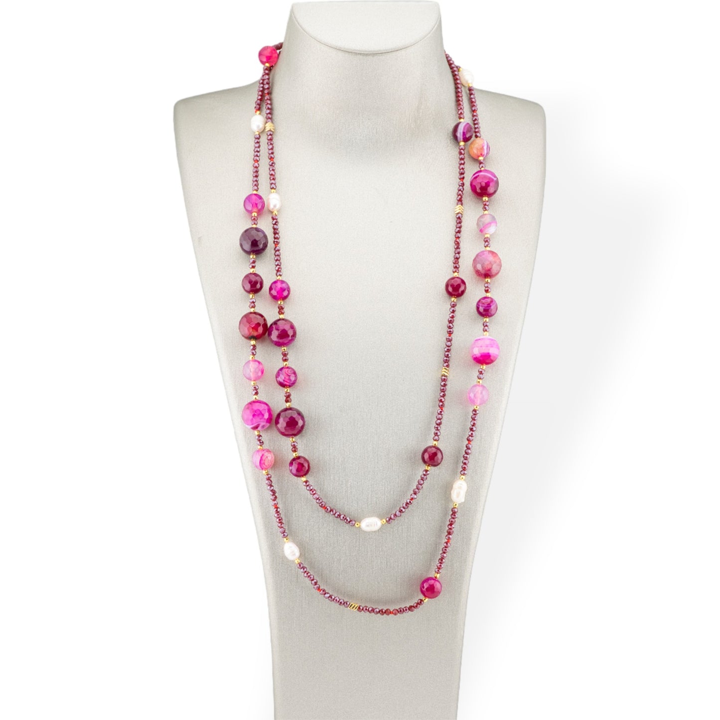 Bijoux Charlestone Necklace Of Hard Stones River Pearls And Crystals 160cm Fuchsia Agate