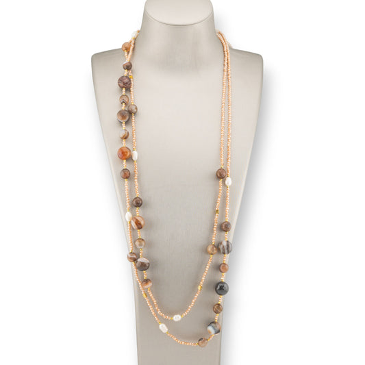 Bijoux Charleston Necklace of Semi-precious Stones, River Pearls and Crystals 160cm Striped Brown Agate