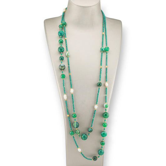 Bijoux Charleston Necklace of Semi-precious Stones, River Pearls and Crystals 160cm Striated Green Agate