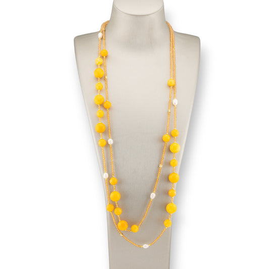 Bijoux Charleston Necklace of Semi-precious Stones, River Pearls and Crystals 160cm Yellow Jade