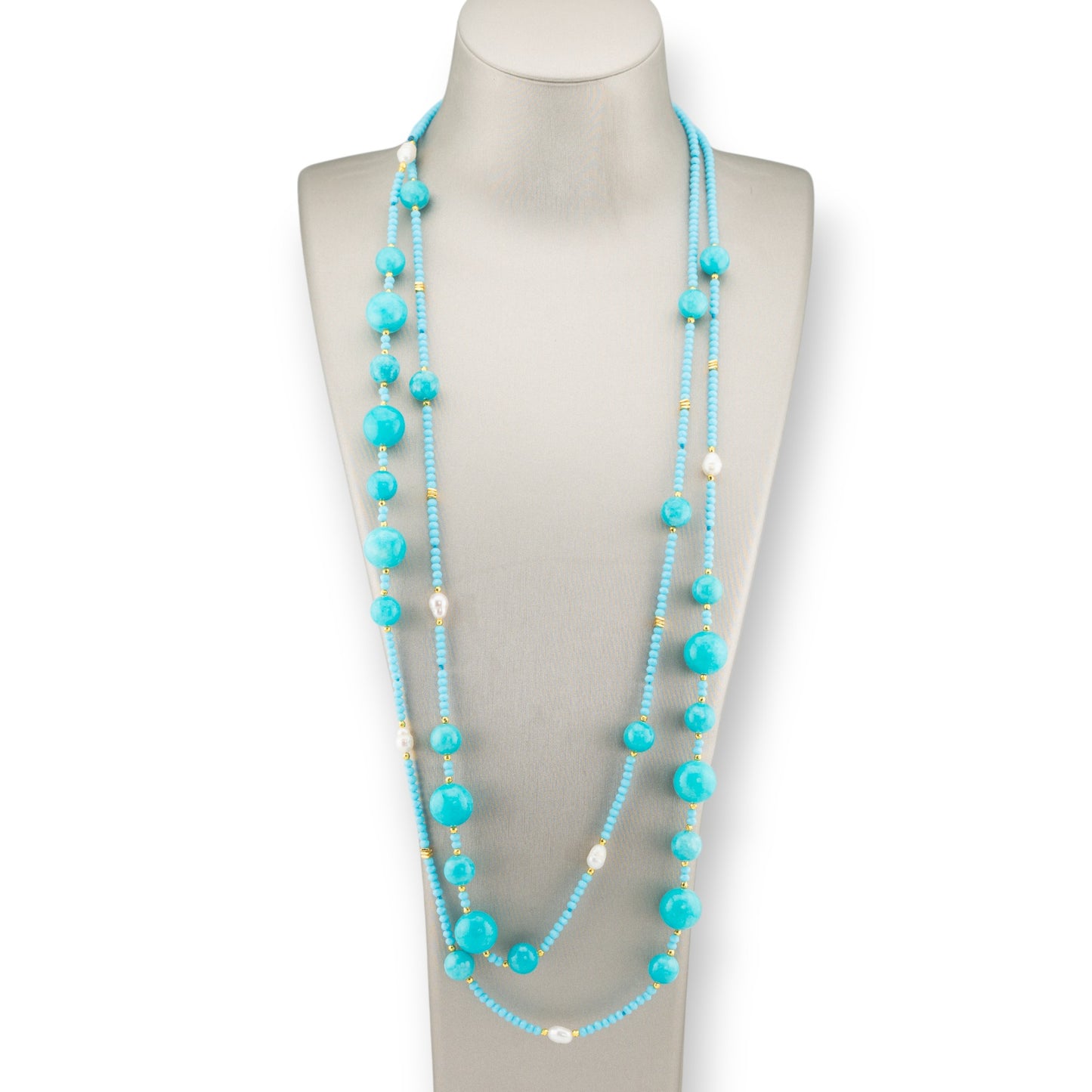 Charlestone Bijoux Necklace Of Hard Stones River Pearls And Crystals 160cm Jade Turquoise Amazonite