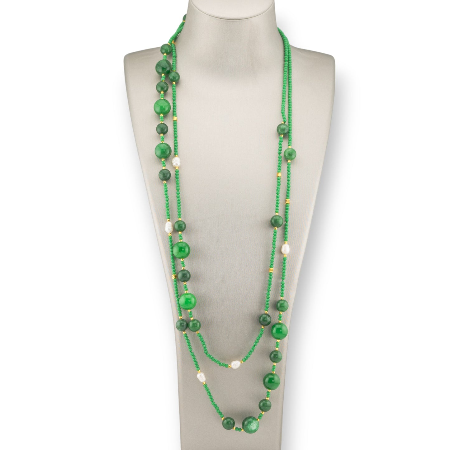 Bijoux Charleston Necklace of Semi-precious Stones, River Pearls and Crystals 160cm Green Jade