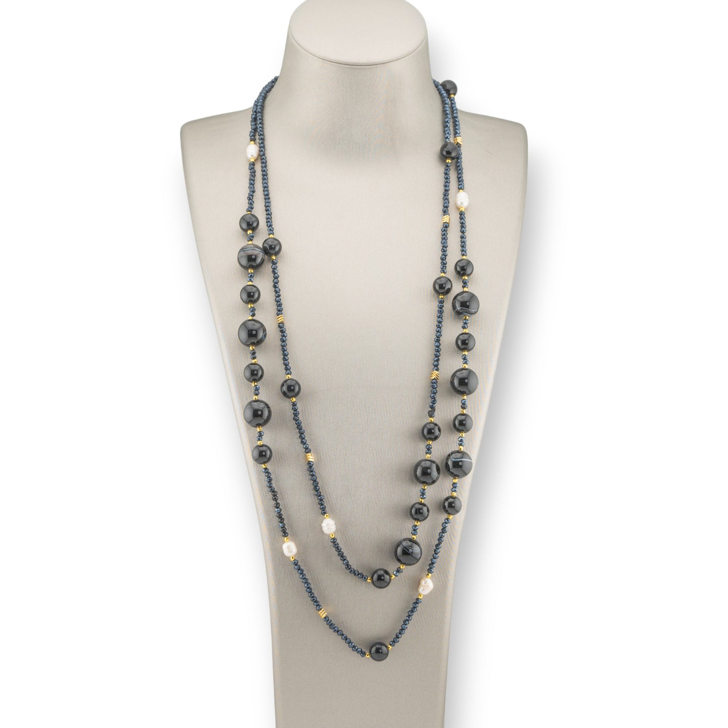 Bijoux Charlestone Necklace Of Hard Stones River Pearls And Crystals 160cm Black