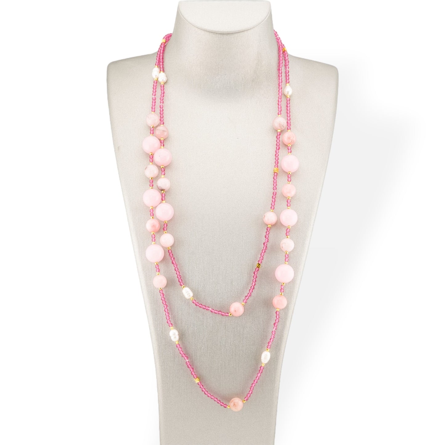 Bijoux Charleston Necklace Of Semi-precious Stones, River Pearls And Crystals 160cm Pink Opal