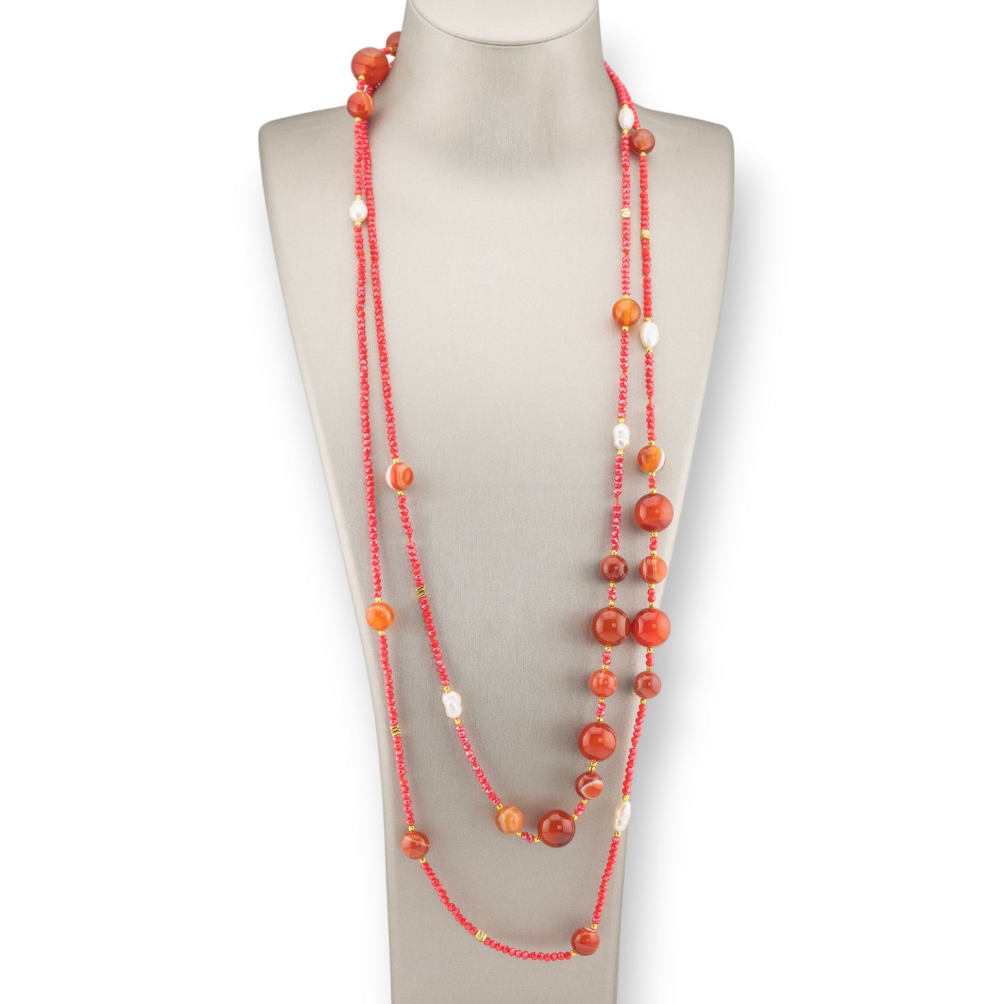 Charlestone Necklace Bijoux Of Hard Stones River Pearls And Crystals 160cm Red