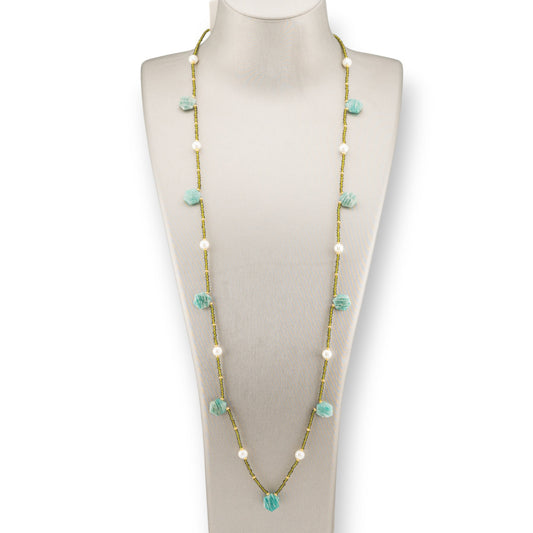 Bijoux Charlestone Necklace Of Hard Stones River Pearls And Crystals 90cm Amazonite