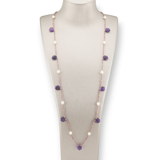 Bijoux Charleston Necklace of Semi-precious Stones, River Pearls and Crystals 90cm Amethyst