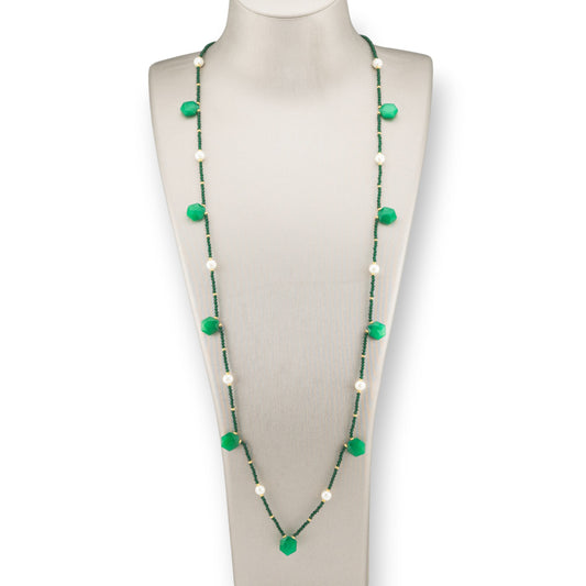 Bijoux Charleston Necklace Of Semi-precious Stones, River Pearls And Crystals 90cm Emeraldite Jade