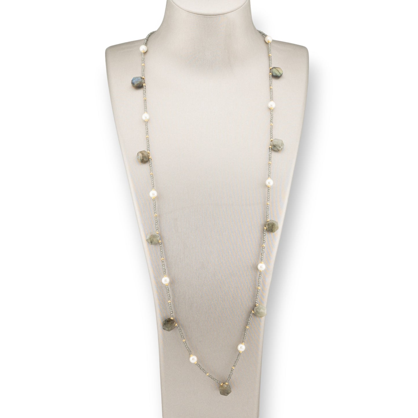 Bijoux Charleston Necklace Of Semi-precious Stones, River Pearls And Crystals 90cm Labradorite