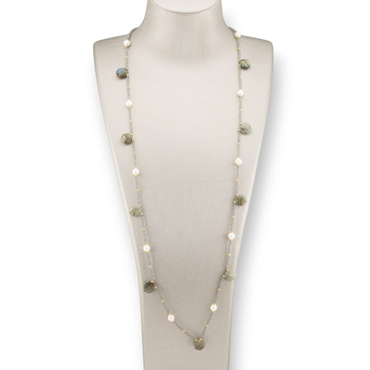 Bijoux Charleston Necklace Of Semi-precious Stones, River Pearls And Crystals 90cm Labradorite