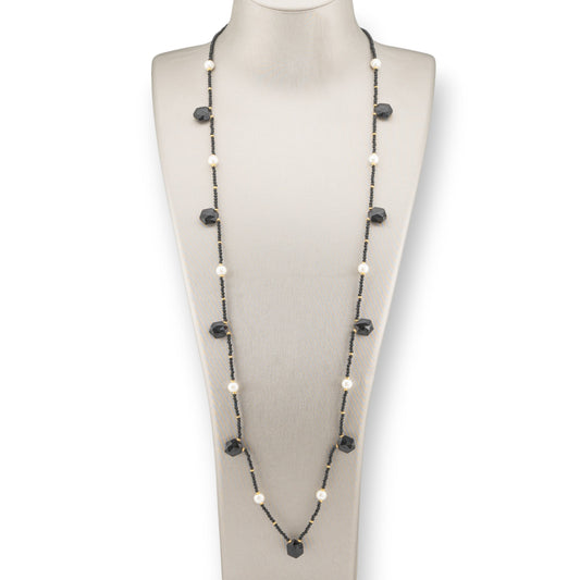 Charlestone Necklace Bijoux Of Hard Stones River Pearls And Crystals 90cm Onyx