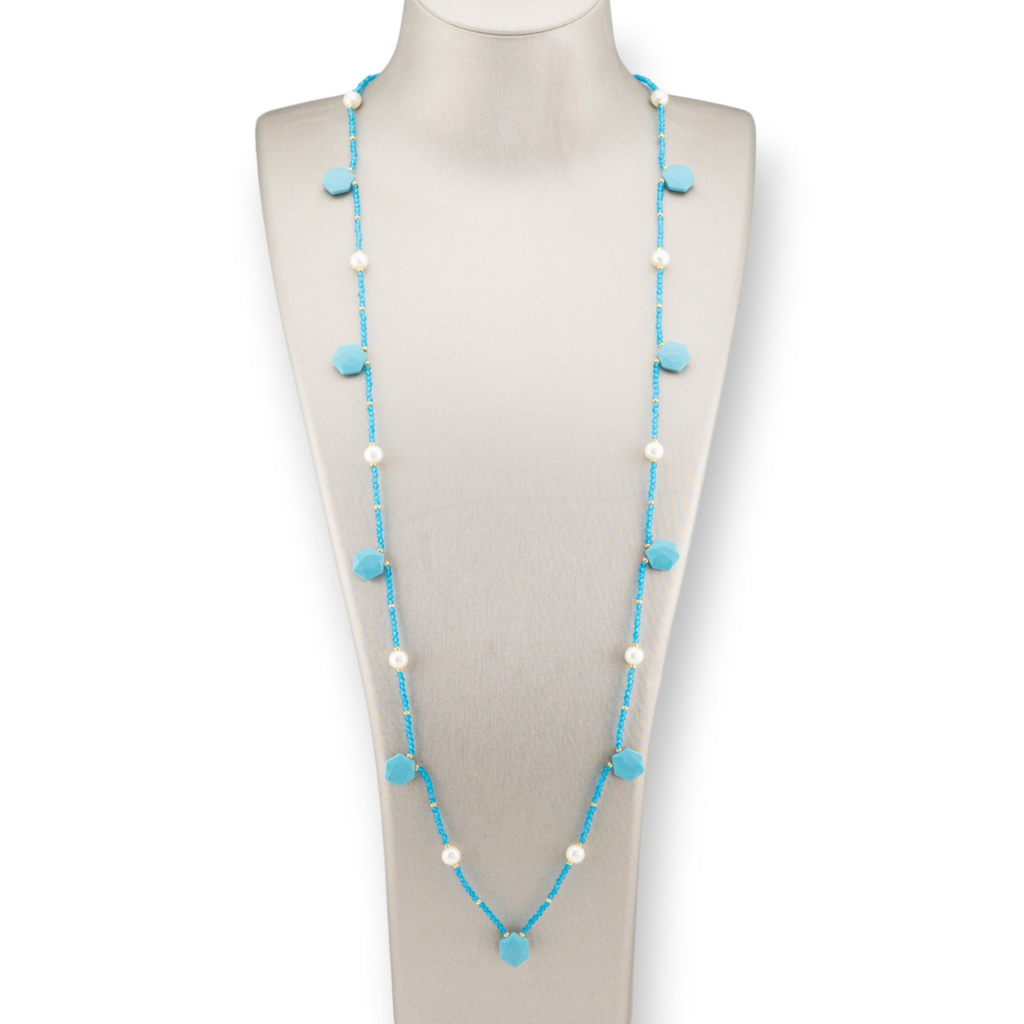 Bijoux Charleston Necklace of Semi-precious Stones, River Pearls and Crystals 90cm Turquoise Paste