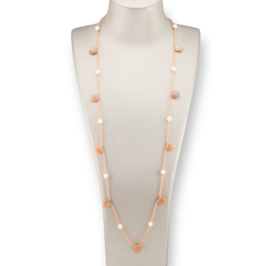 Bijoux Charleston Necklace Of Semi-precious Stones, River Pearls And Crystals 90cm Pink Moonstone