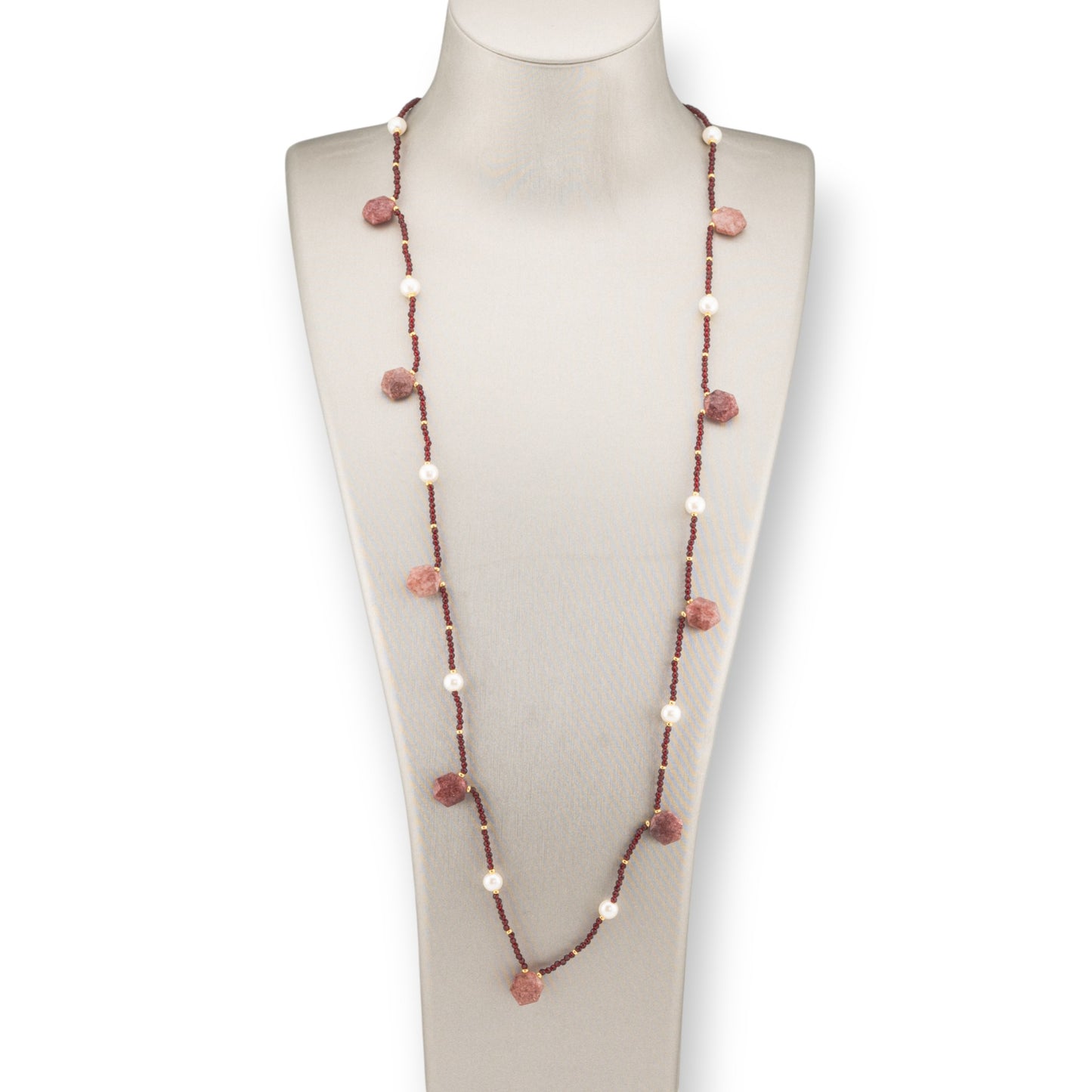 Charlestone Necklace Bijoux Of Hard Stones River Pearls And Crystals 90cm Strawberry Quartz