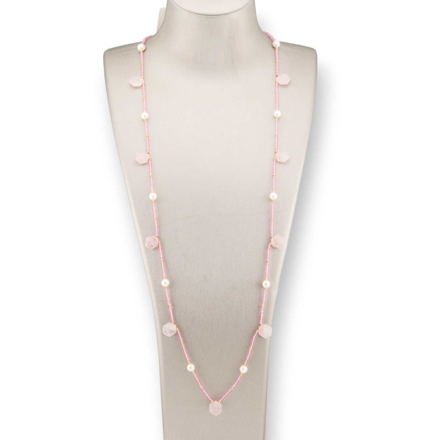 Charlestone Bijoux Necklace Of Hard Stones River Pearls And Crystals 90cm Rose Quartz