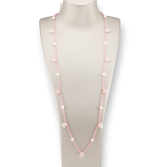 Charlestone Bijoux Necklace Of Hard Stones River Pearls And Crystals 90cm Rose Quartz