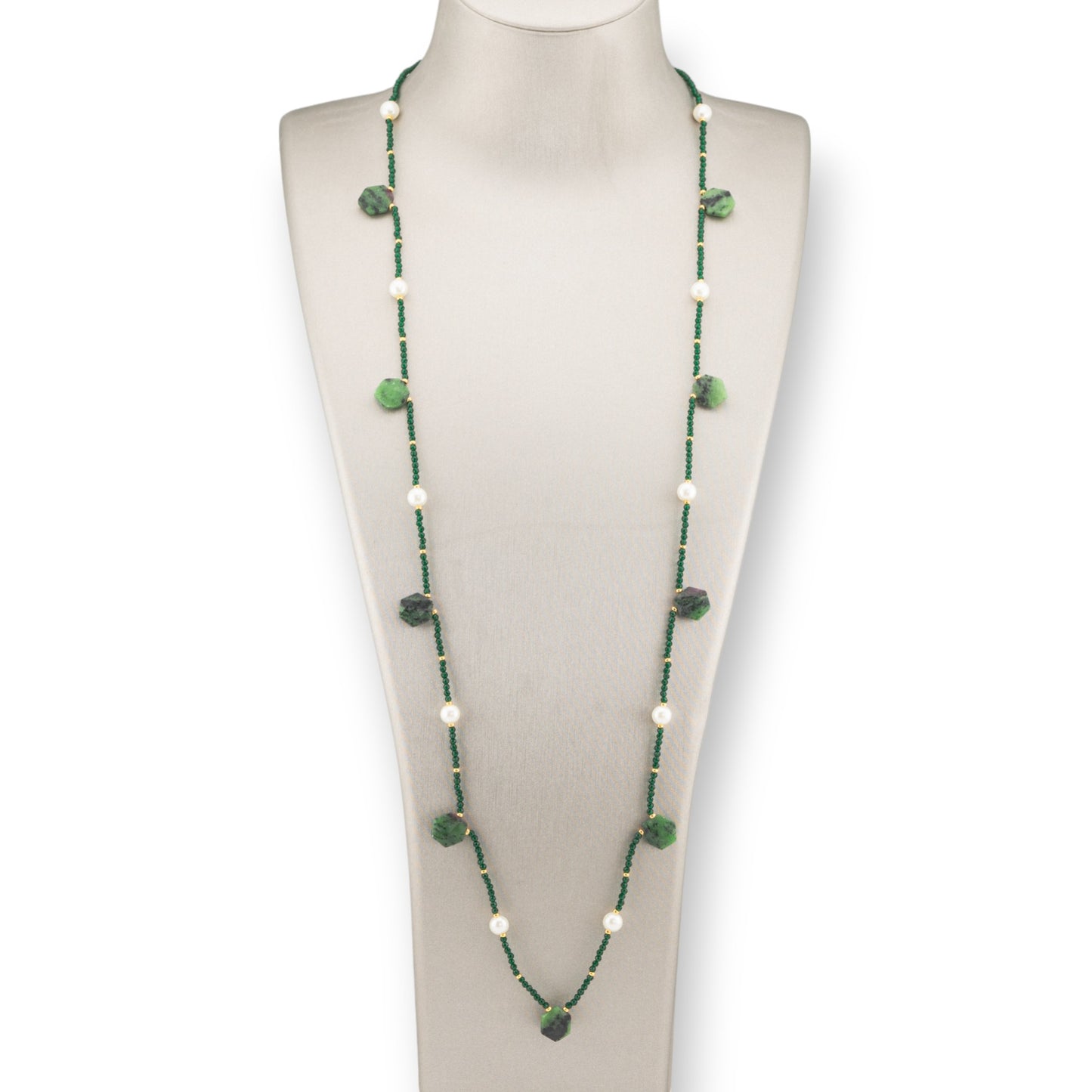 Bijoux Charleston Necklace Of Semi-precious Stones, River Pearls And Crystals 90cm Rubizoisite