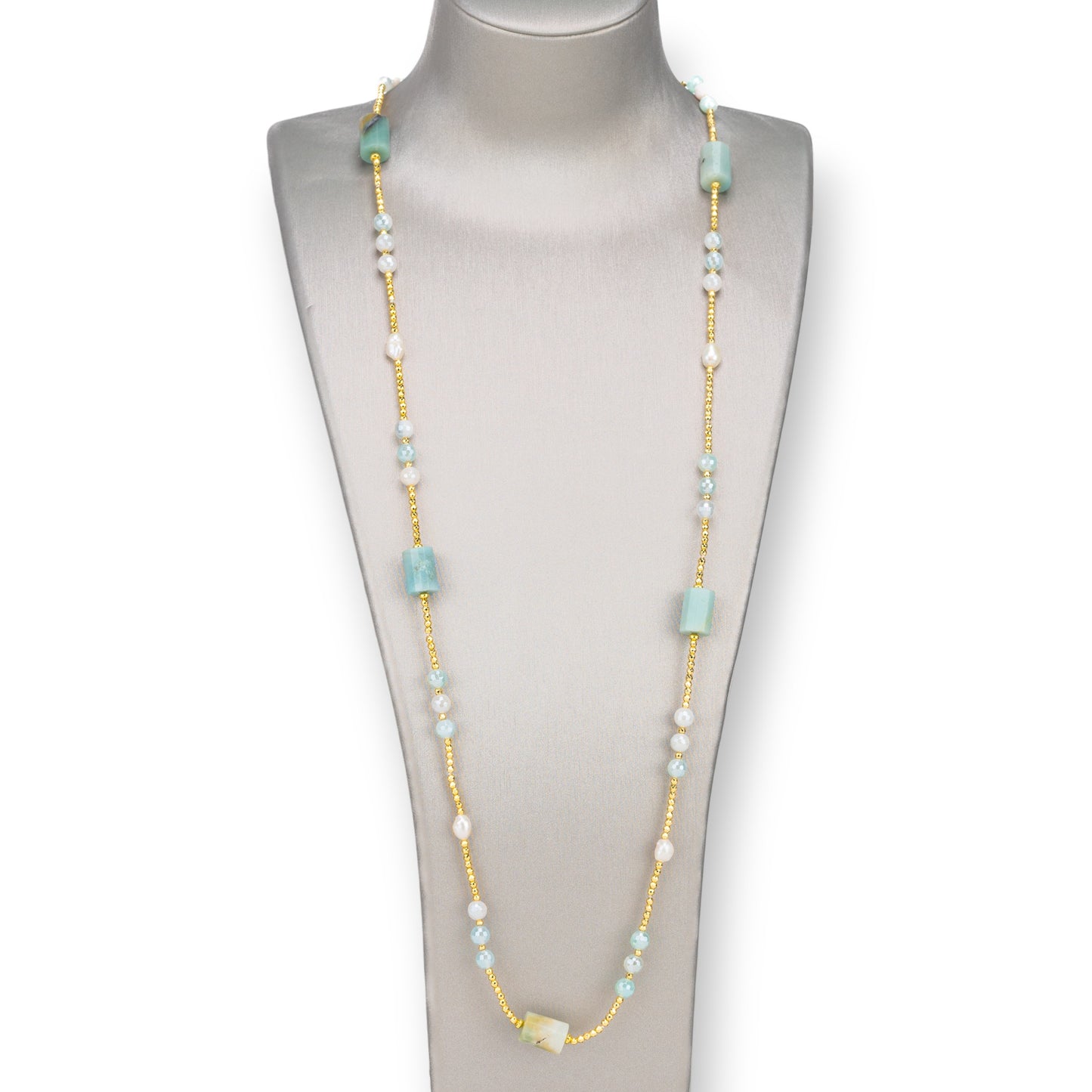 Bijoux Necklace With River Pearls, Hematite, Knotted Hard Stones 90cm Light Amazonite