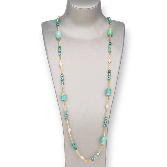 Bijoux Necklace With River Pearls, Hematite, Knotted Hard Stones 90cm Amazonite