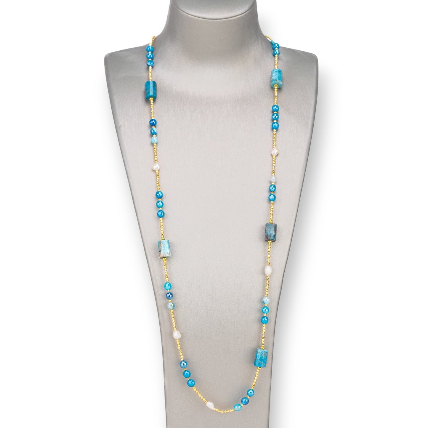 Bijoux Necklace With River Pearls, Hematite, Knotted Hard Stones 90cm Light Blue Apatite