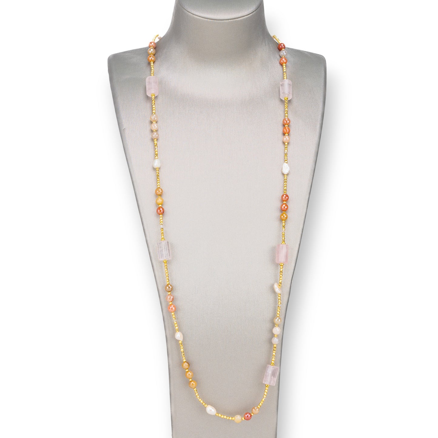 Collana Bijoux Con Perle Di Fiume, Ematite, Pietre Dure Annodate 90cm Arancio e Quarzo Rosa