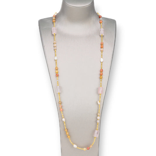 Bijoux Necklace With River Pearls, Hematite, Knotted Hard Stones 90cm Orange and Rose Quartz