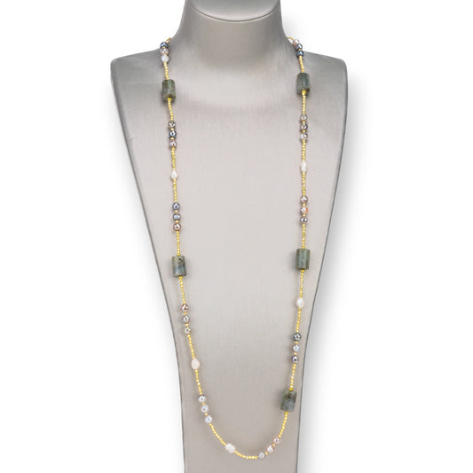 Bijoux Necklace With River Pearls, Hematite, Knotted Hard Stones 90cm Labradorite