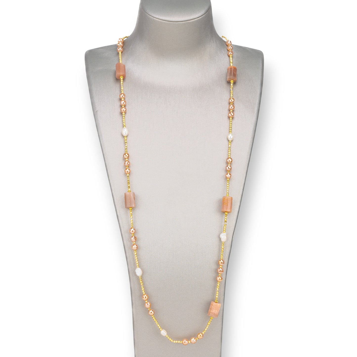 Bijoux Necklace With River Pearls, Hematite, Knotted Hard Stones 90cm Pink Sun Stone