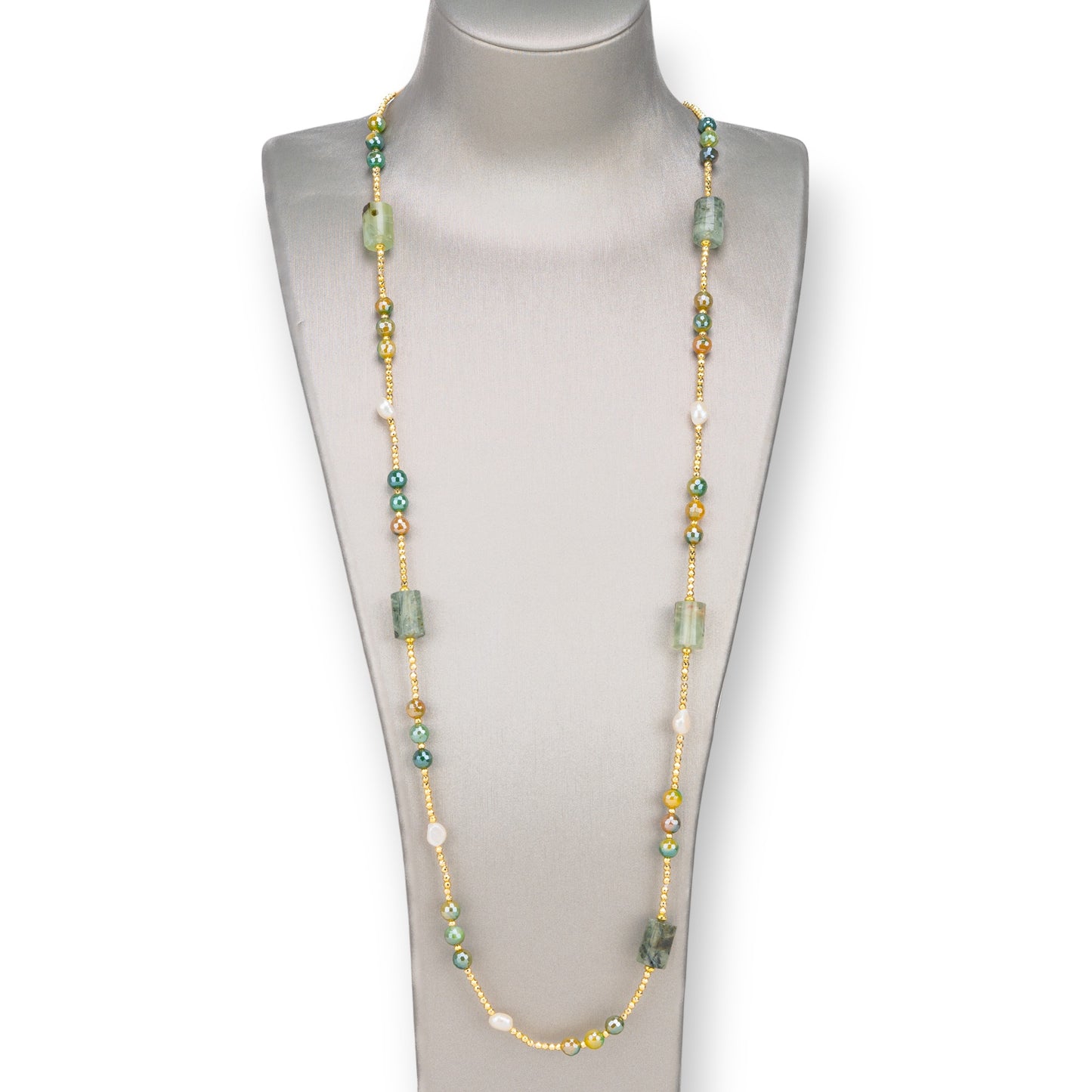 Bijoux Necklace With River Pearls, Hematite, Knotted Hard Stones 90cm Prenite