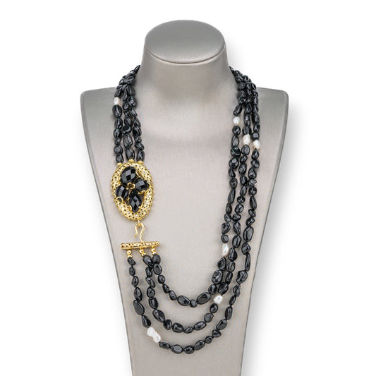 Bijoux Necklace With Hard Stones and River Pearls 3 Rows, With Central Bronze Closure Zircons and Stones 50cm Onyx