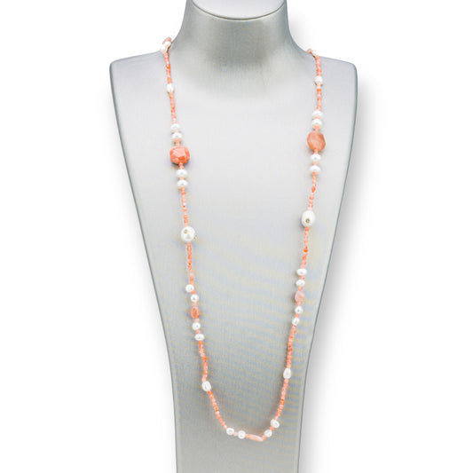 Bijoux Necklace With Hard Stones, River Pearls With Zircons Knotted 90cm MOD1 Pink Moonstone