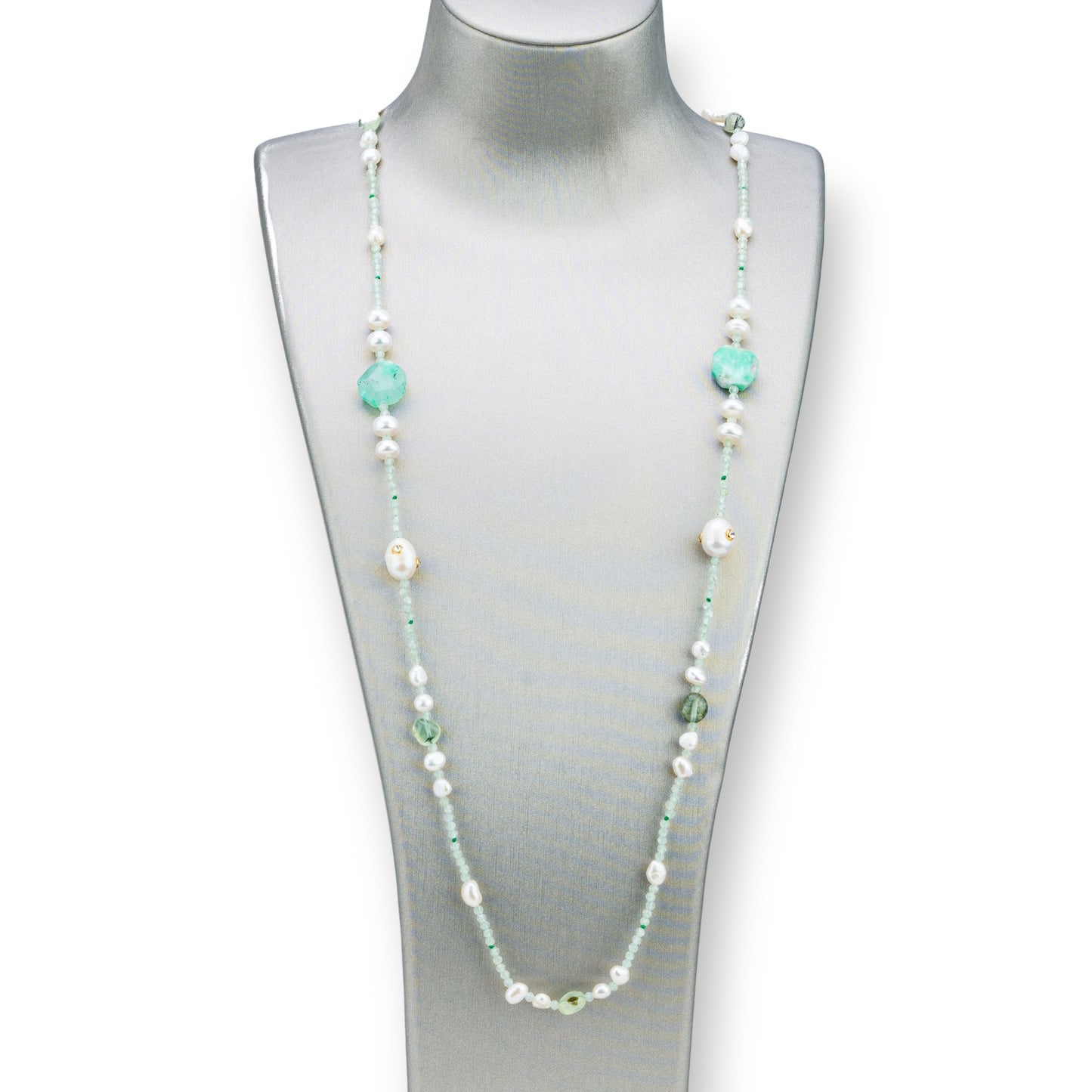 Bijoux Necklace With Hard Stones, River Pearls With Zircons Knotted 90cm MOD2 Prenite