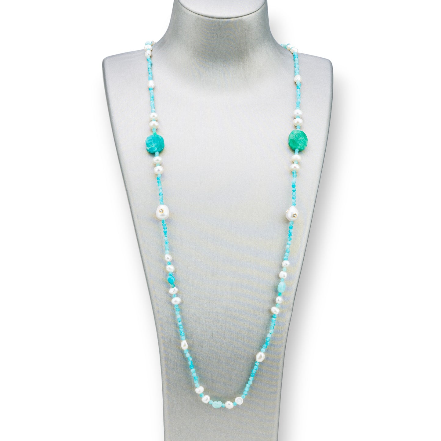 Bijoux Necklace With Hard Stones, River Pearls With Zircons Knotted 90cm MOD3 Amazonite