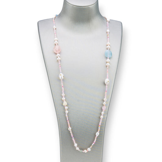 Bijoux Necklace With Hard Stones, River Pearls With Zircons Knotted 90cm MOD4 Pink