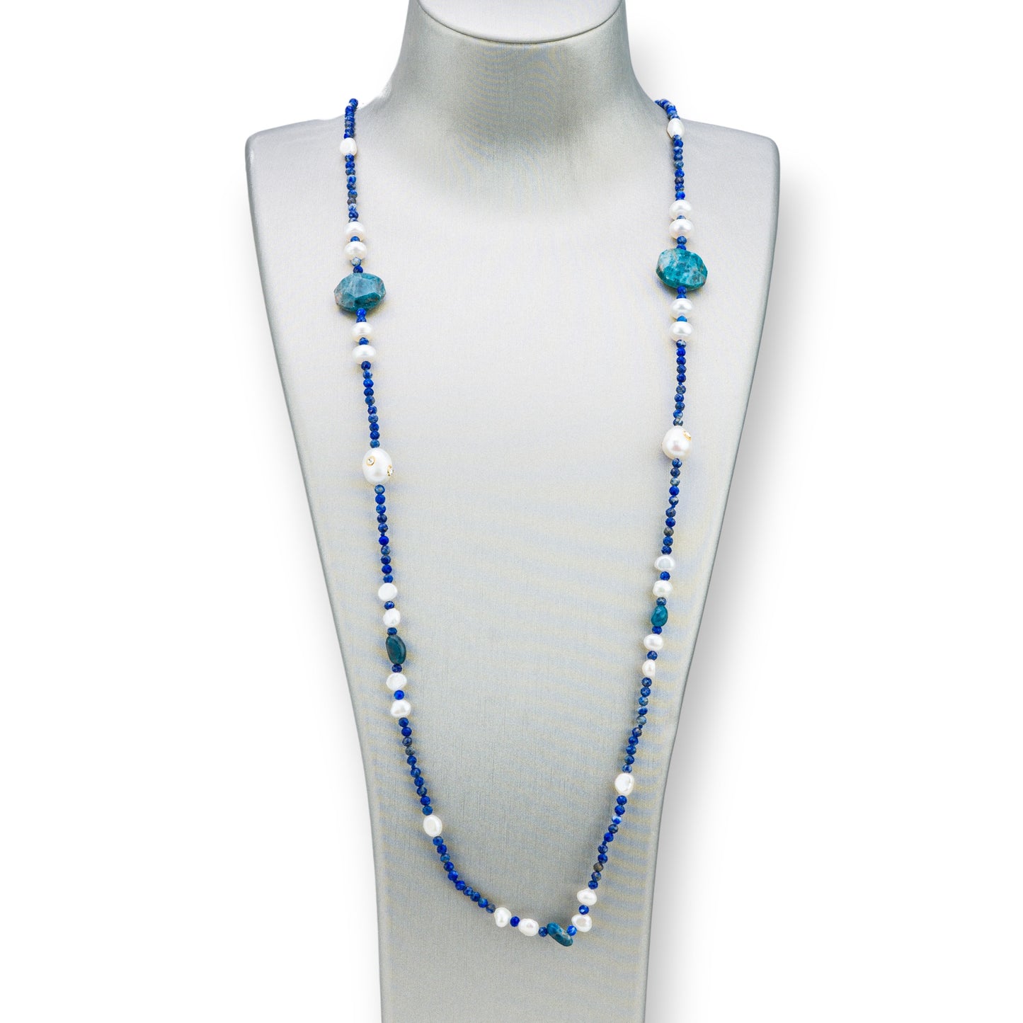 Bijoux Necklace With Hard Stones, River Pearls With Zircons Knotted 90cm MOD6 Blue