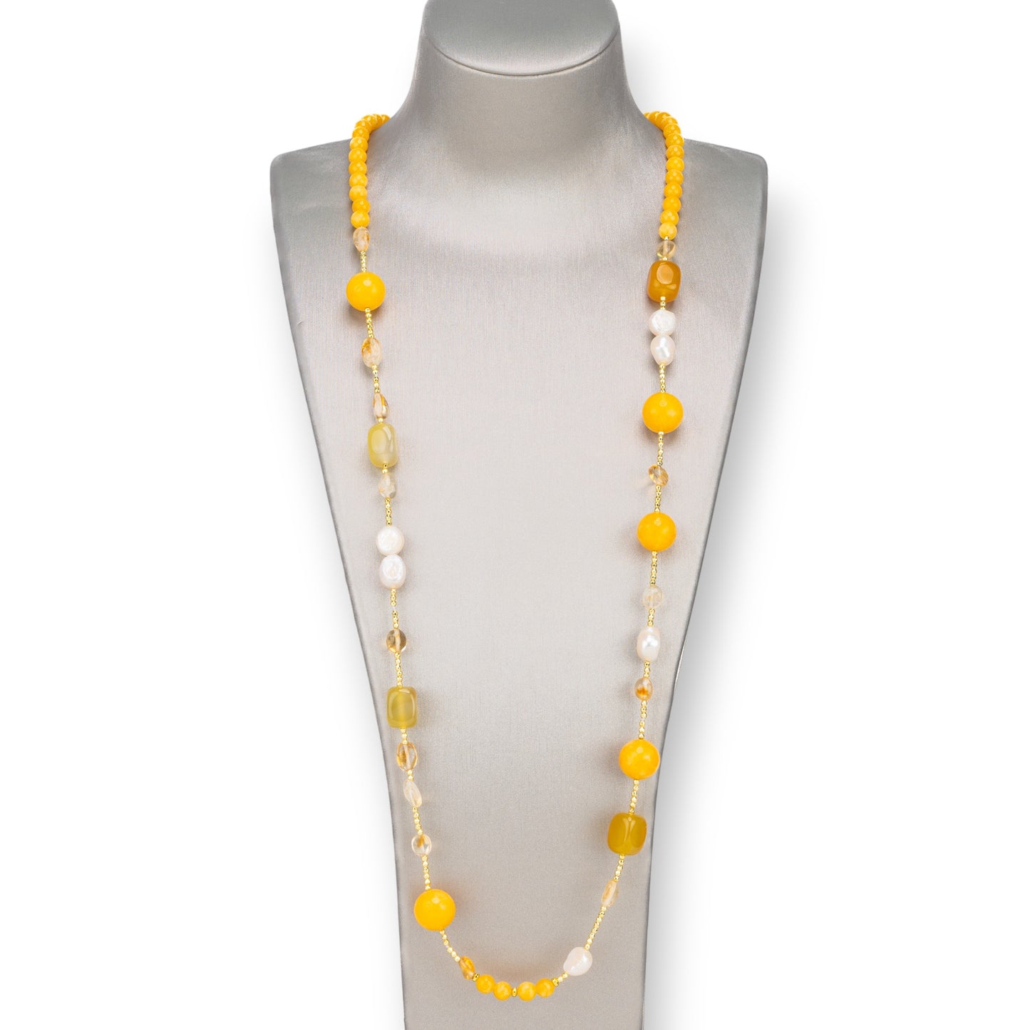 Bijoux Necklace With Hard Stones, River Pearls And Hematite With 90cm Yellow Jade Clasp