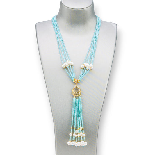 Bijoux Necklace With Hard Stones, River Pearls And Zircons 84cm Aqua