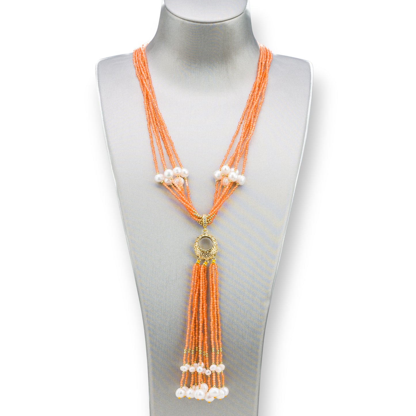 Bijoux Necklace With Hard Stones, River Pearls And Zircons 84cm Orange