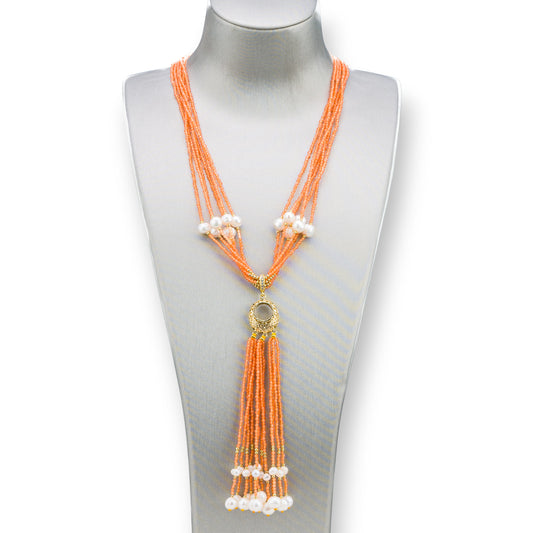 Bijoux Necklace With Hard Stones, River Pearls And Zircons 84cm Orange