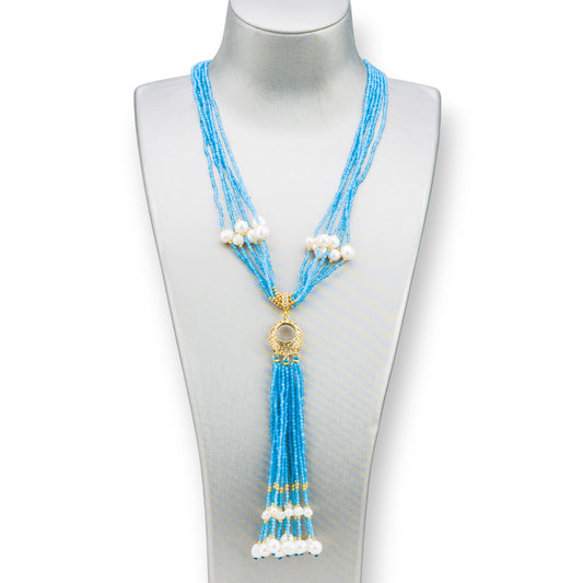 Bijoux Necklace With Hard Stones, River Pearls And Zircons 84cm Blue