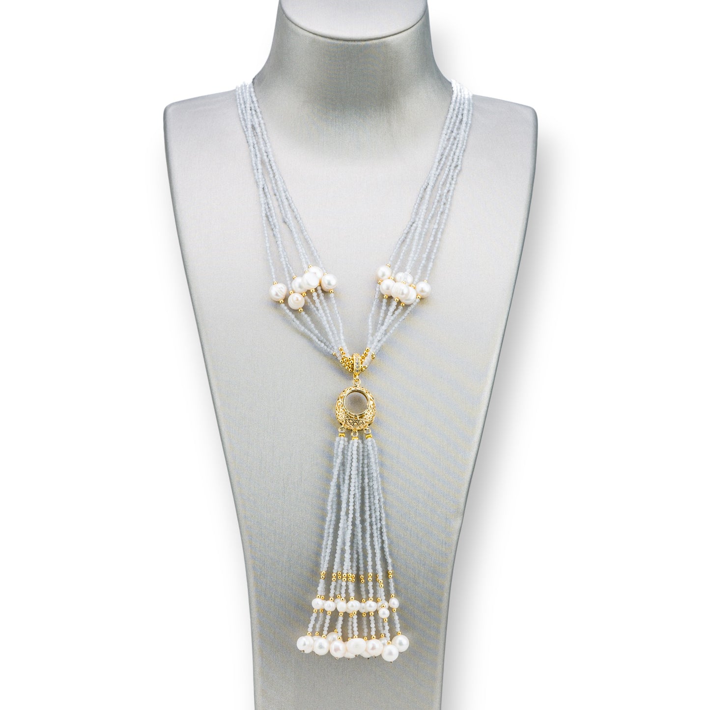 Bijoux Necklace With Hard Stones, River Pearls And Zircons 84cm Ice