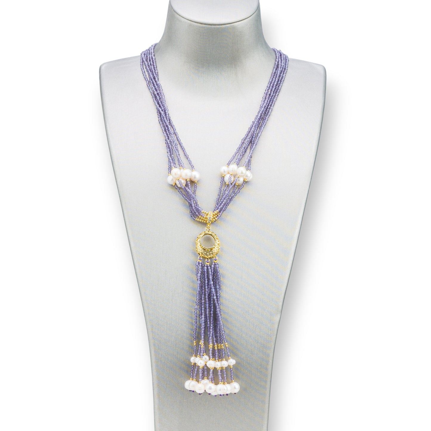 Bijoux Necklace With Hard Stones, River Pearls And Zircons 84cm Lilac