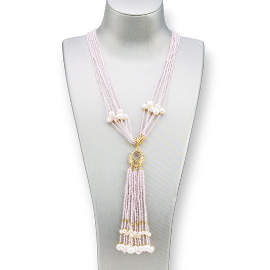 Bijoux Necklace With Hard Stones, River Pearls And Zircons 84cm Pink