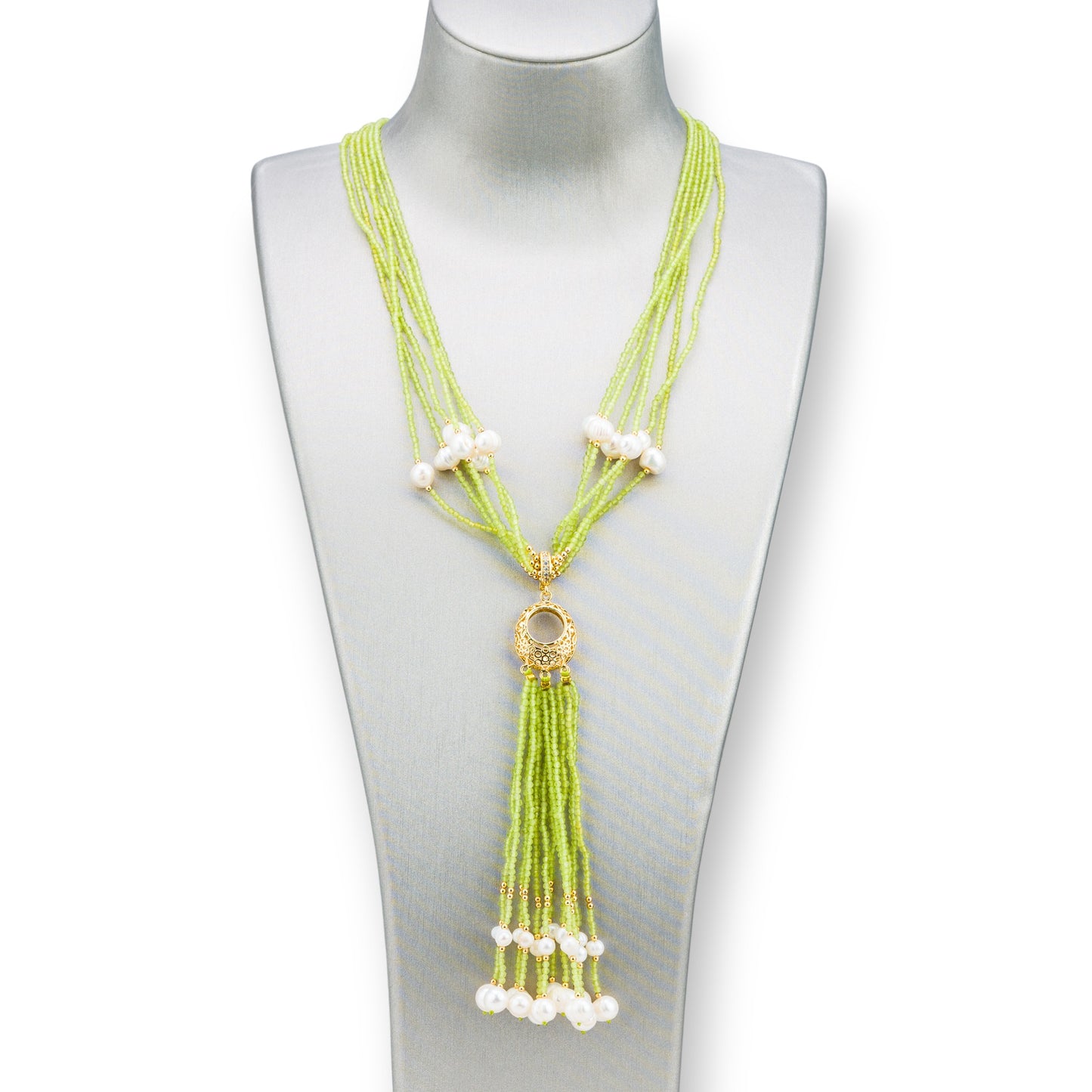 Bijoux Necklace With Hard Stones, River Pearls And Zircons 84cm Acid Green