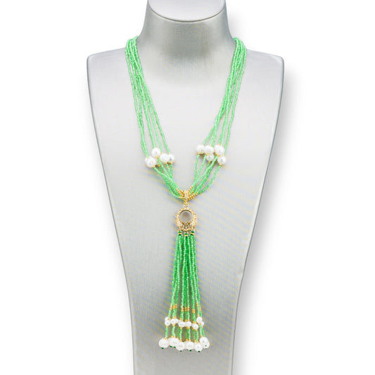 Bijoux Necklace With Hard Stones, River Pearls And Zircons 84cm Light Green